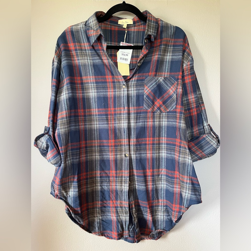Love Notes Navy and Red Plaid Shirt